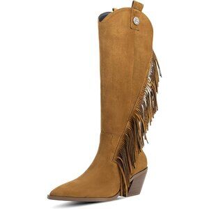 ⚡Women Brown Faux Suede Fringe Knee High Cowgirl Chunky Heel Suede Boots